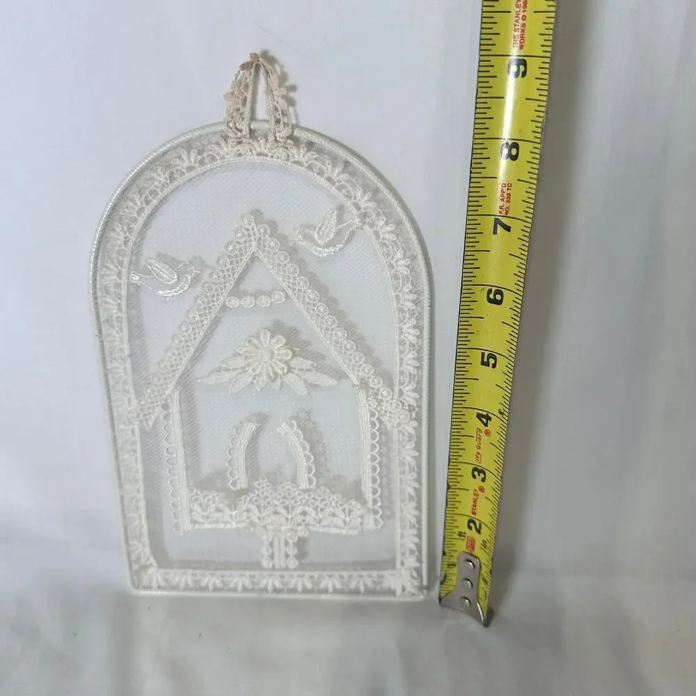Vintage Hand Embroidered White Lace Plaque Birdhouse Window Shaped Frame Decor